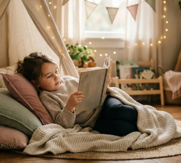 Enfant blotti dans un espace de lecture cosy avec coussins et lumière douce