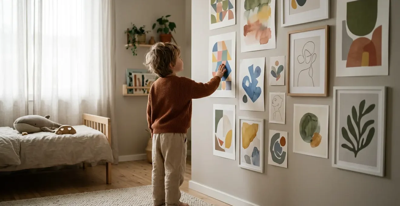 Enfant de 4 ans contemplant avec émerveillement une composition murale d'affiches artistiques aux formes abstraites et colorées dans sa chambre