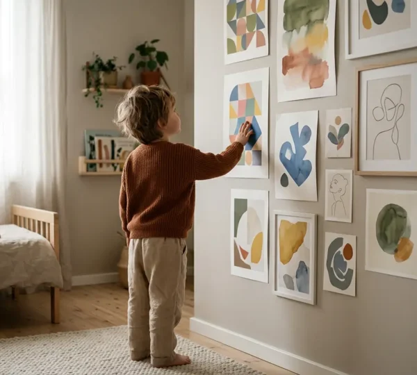 Enfant de 4 ans contemplant avec émerveillement une composition murale d'affiches artistiques aux formes abstraites et colorées dans sa chambre