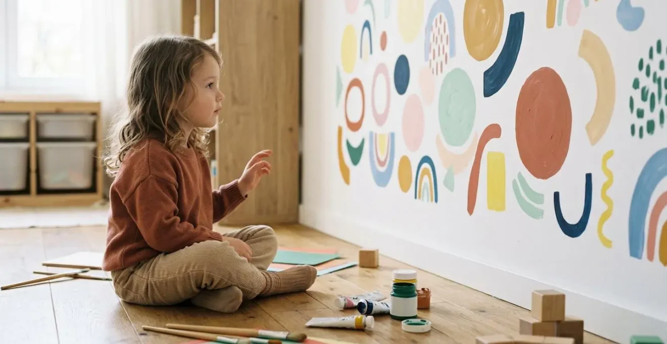 Enfant de profil contemplant des formes géométriques et organiques colorées sur un mur, avec des objets de création artistique au premier plan