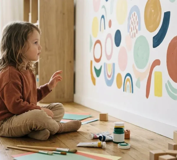 Enfant de profil contemplant des formes géométriques et organiques colorées sur un mur, avec des objets de création artistique au premier plan