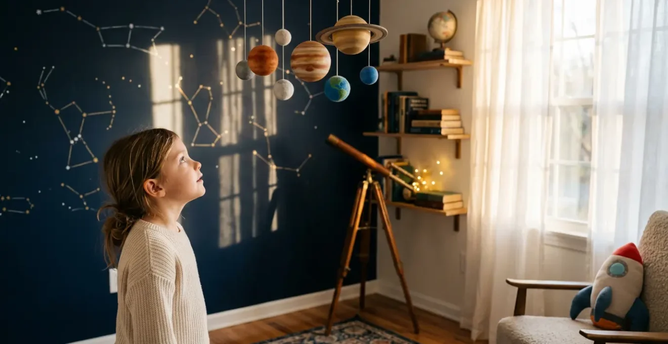 Enfant émerveillé regardant un mobile planétaire dans sa chambre décorée sur le thème de l'espace