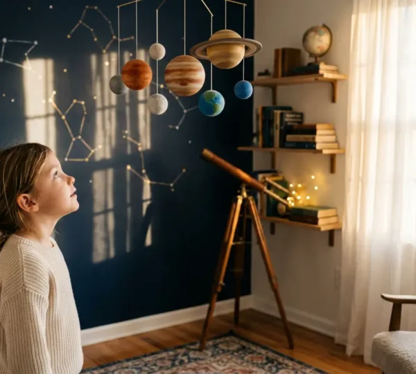 Enfant émerveillé regardant un mobile planétaire dans sa chambre décorée sur le thème de l'espace