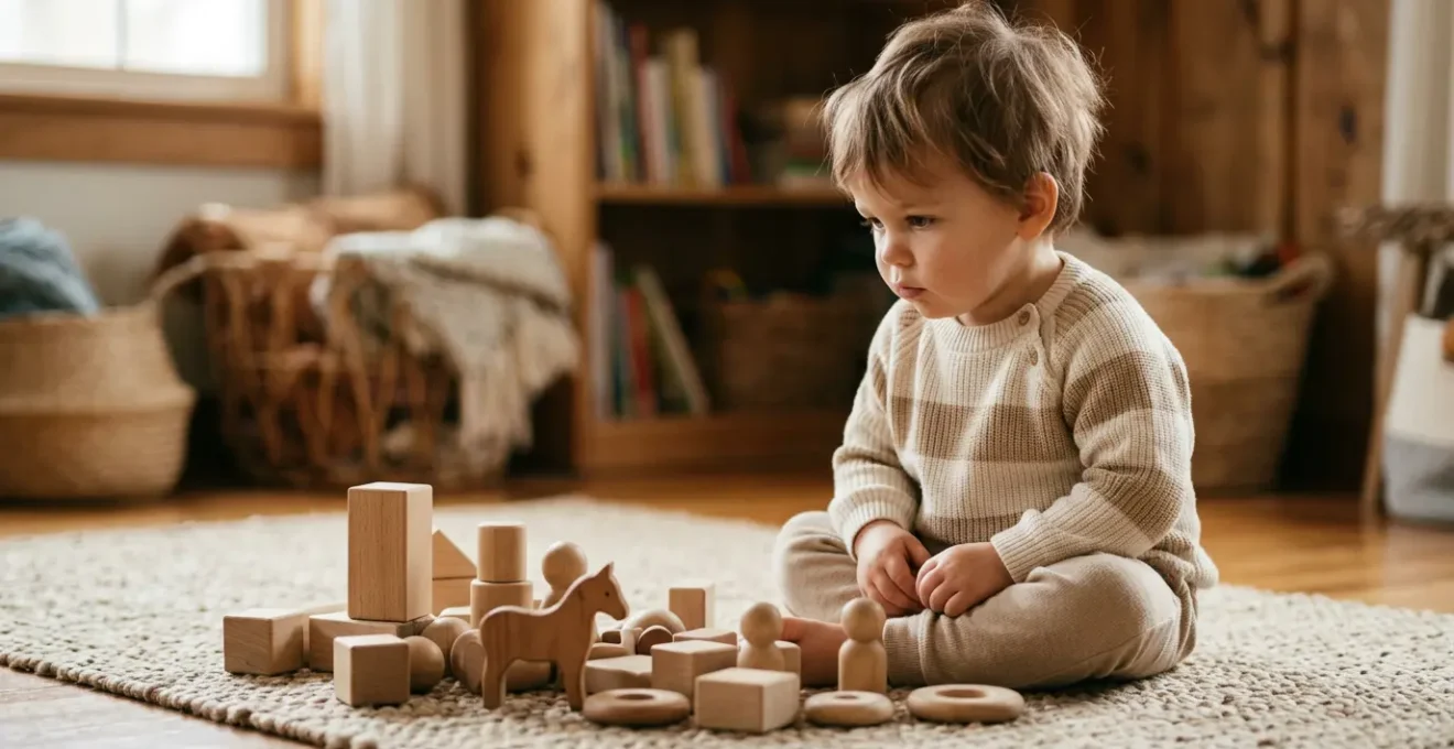 Enfant concentré observant des jouets colorés dans un environnement lumineux et accueillant