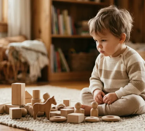 Enfant concentré observant des jouets colorés dans un environnement lumineux et accueillant