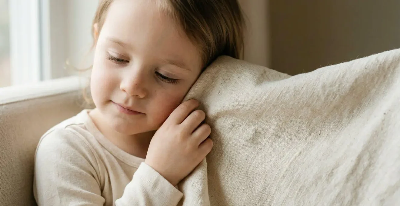 Enfant aux joues roses apaisées touchant délicatement un tissu de coton bio écru