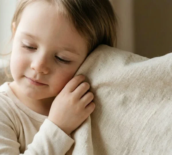Enfant aux joues roses apaisées touchant délicatement un tissu de coton bio écru