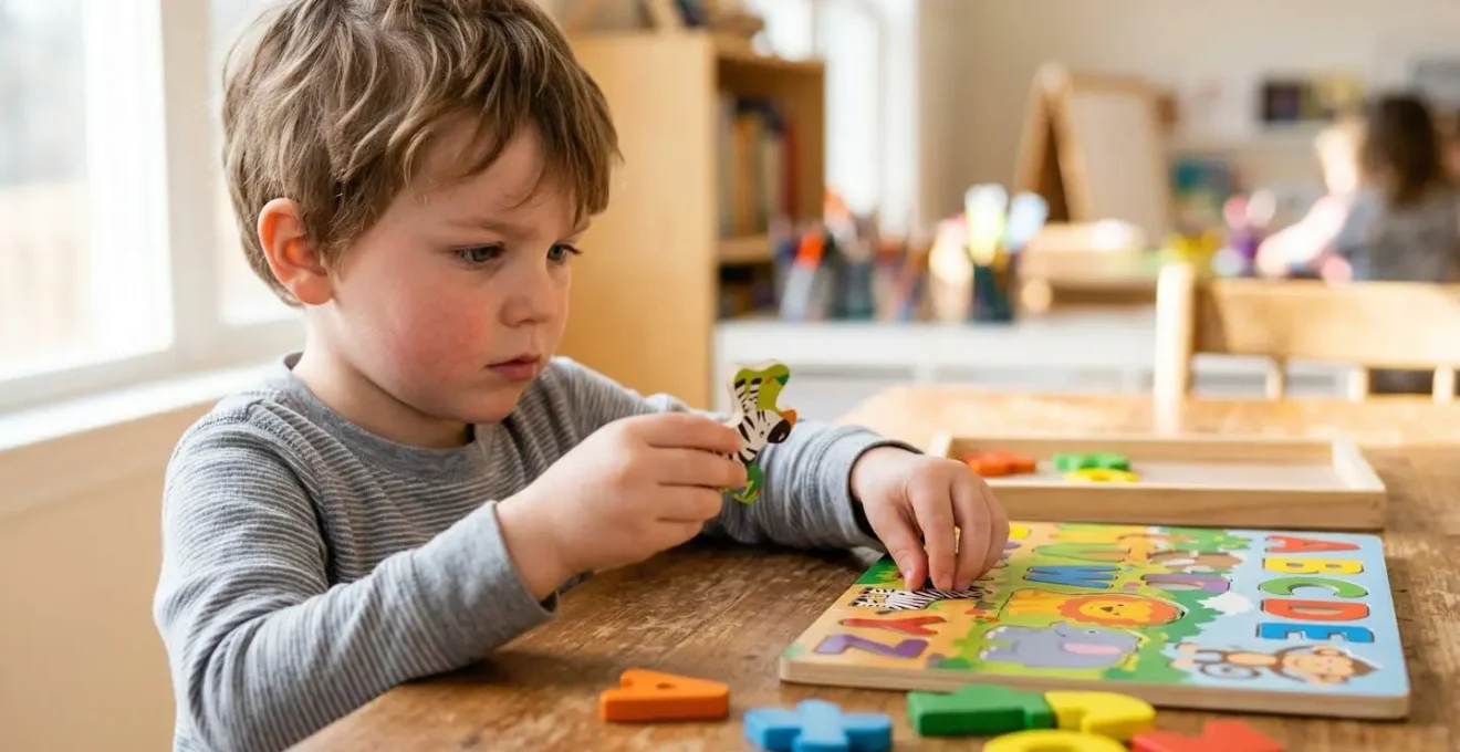 Enfant concentré assemblant un puzzle coloré pour développer ses capacités d'apprentissage