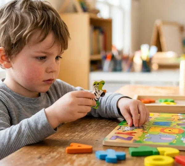 Enfant concentré assemblant un puzzle coloré pour développer ses capacités d'apprentissage