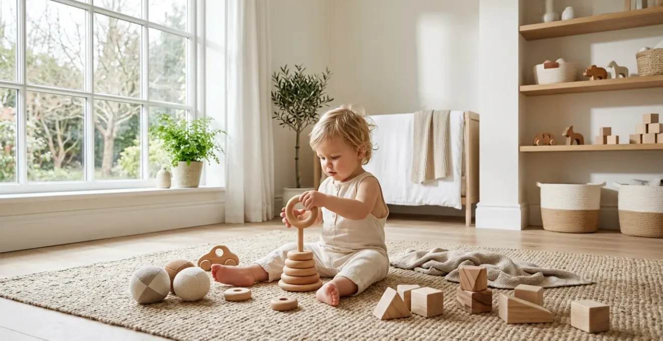 Enfant d'un an explorant des jouets d'éveil en matières naturelles dans une chambre lumineuse