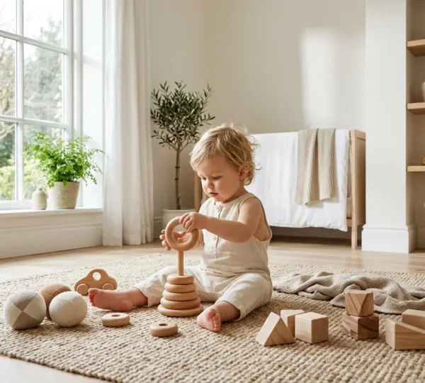 Enfant d'un an explorant des jouets d'éveil en matières naturelles dans une chambre lumineuse