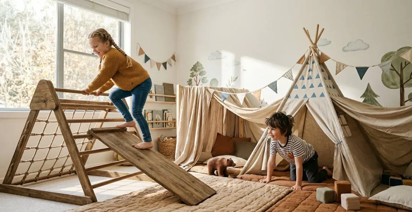 Enfants jouant dans une salle de jeux transformée en terrain d'aventure avec structures de grimpe et cachettes créatives