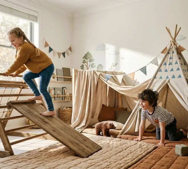 Enfants jouant dans une salle de jeux transformée en terrain d'aventure avec structures de grimpe et cachettes créatives
