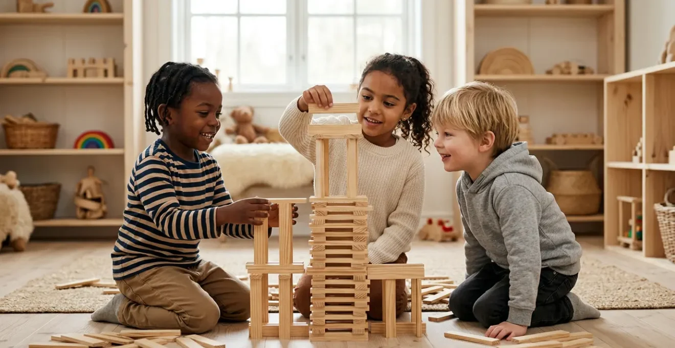 Enfants concentrés construisant ensemble une tour de planchettes en bois dans un espace lumineux