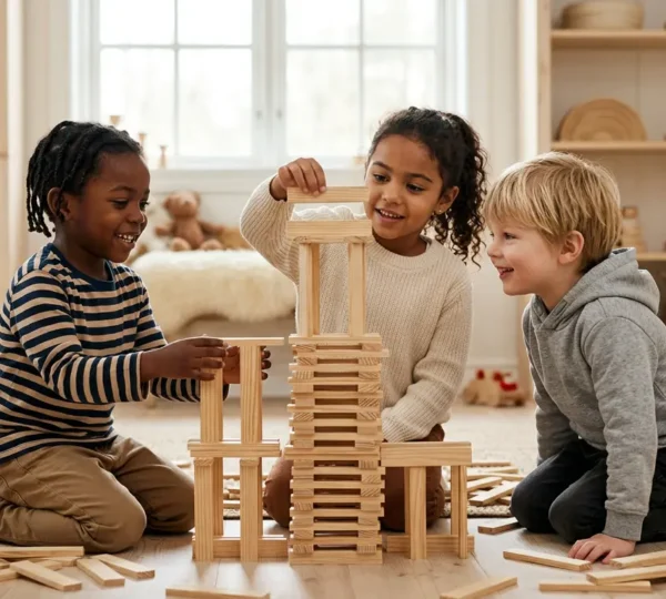 Enfants concentrés construisant ensemble une tour de planchettes en bois dans un espace lumineux