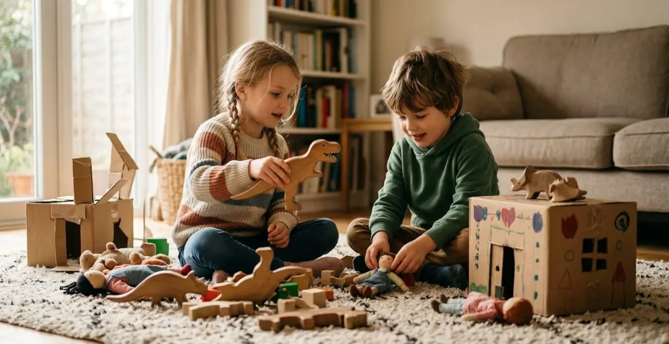Enfants créant une histoire avec leurs jouets dans un salon chaleureux