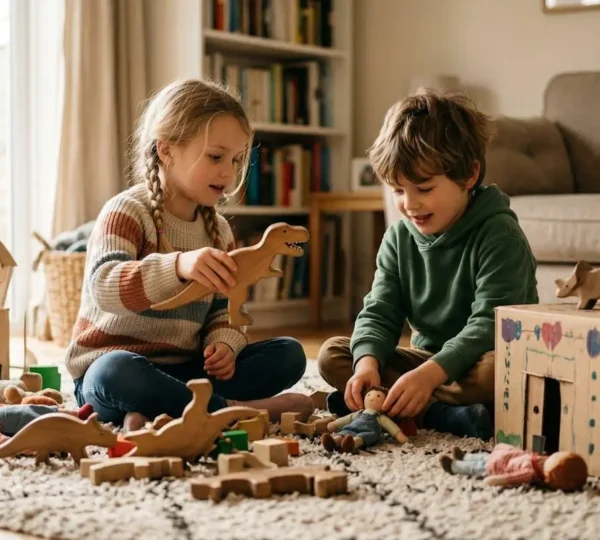 Enfants créant une histoire avec leurs jouets dans un salon chaleureux