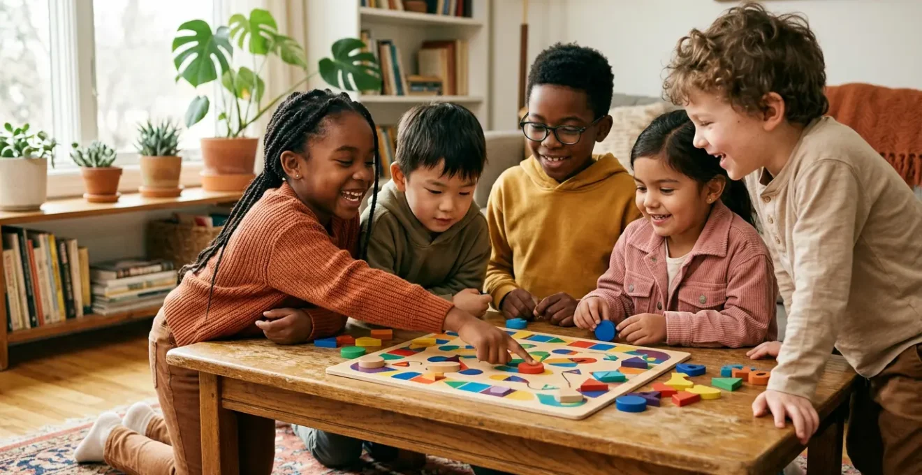 Groupe d'enfants jouant ensemble à un jeu de plateau coopératif dans un salon lumineux