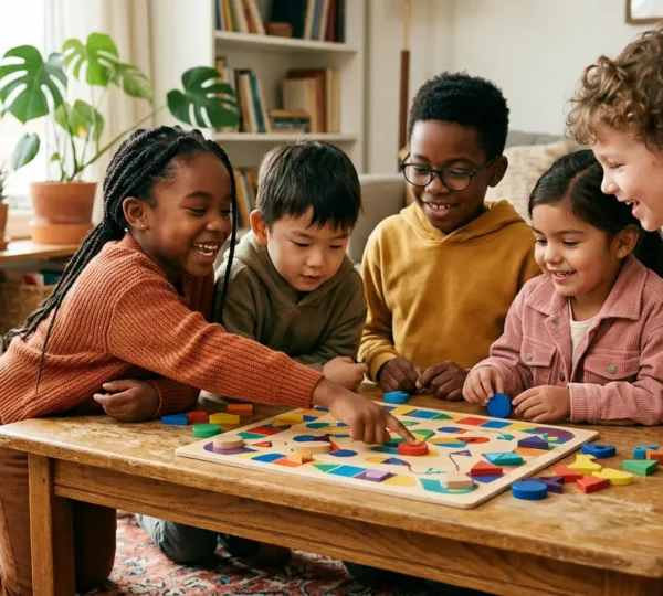 Groupe d'enfants jouant ensemble à un jeu de plateau coopératif dans un salon lumineux