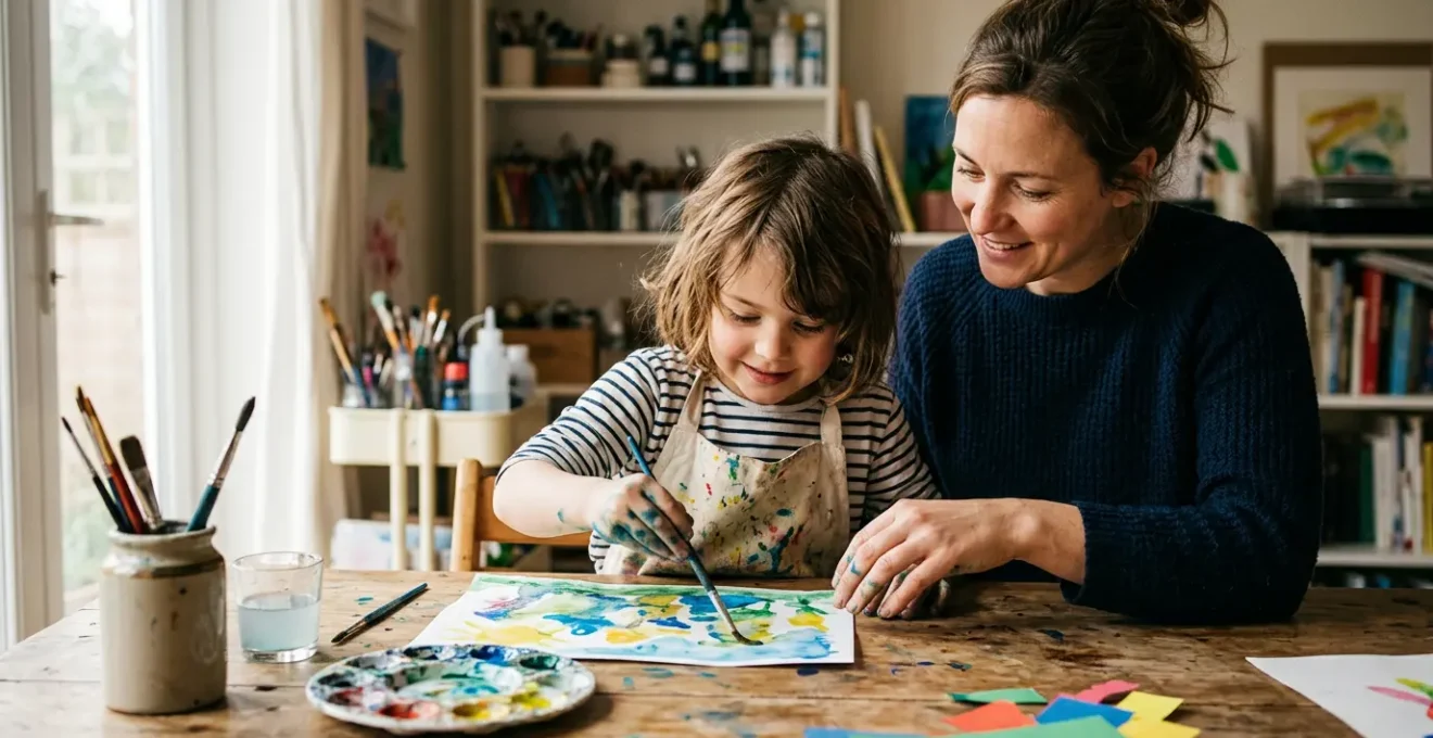 Enfants concentrés sur une activité de peinture dans un salon lumineux