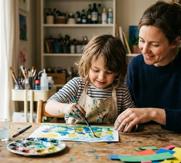 Enfants concentrés sur une activité de peinture dans un salon lumineux