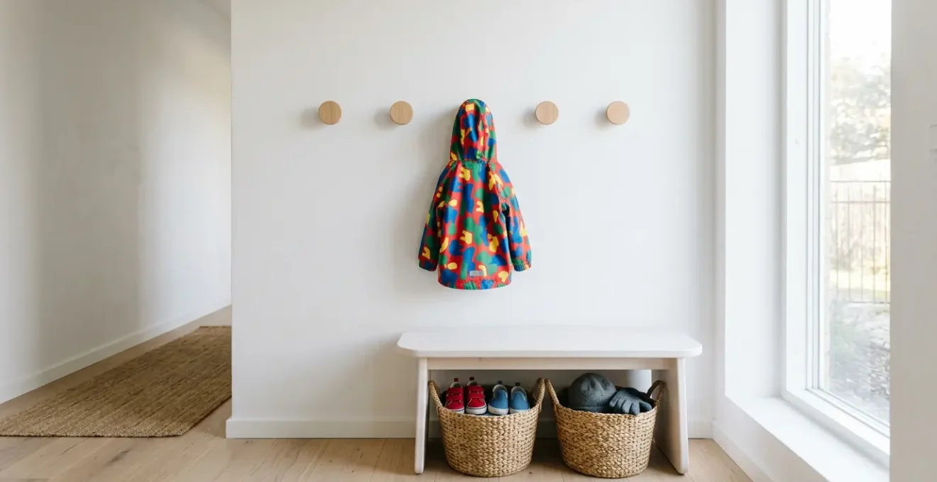 Entrée aménagée selon les principes Montessori avec mobilier adapté à la hauteur d'un enfant de 3 ans