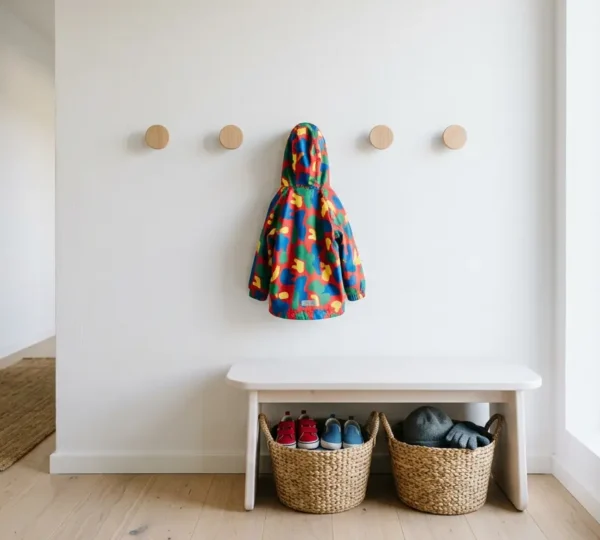 Entrée aménagée selon les principes Montessori avec mobilier adapté à la hauteur d'un enfant de 3 ans