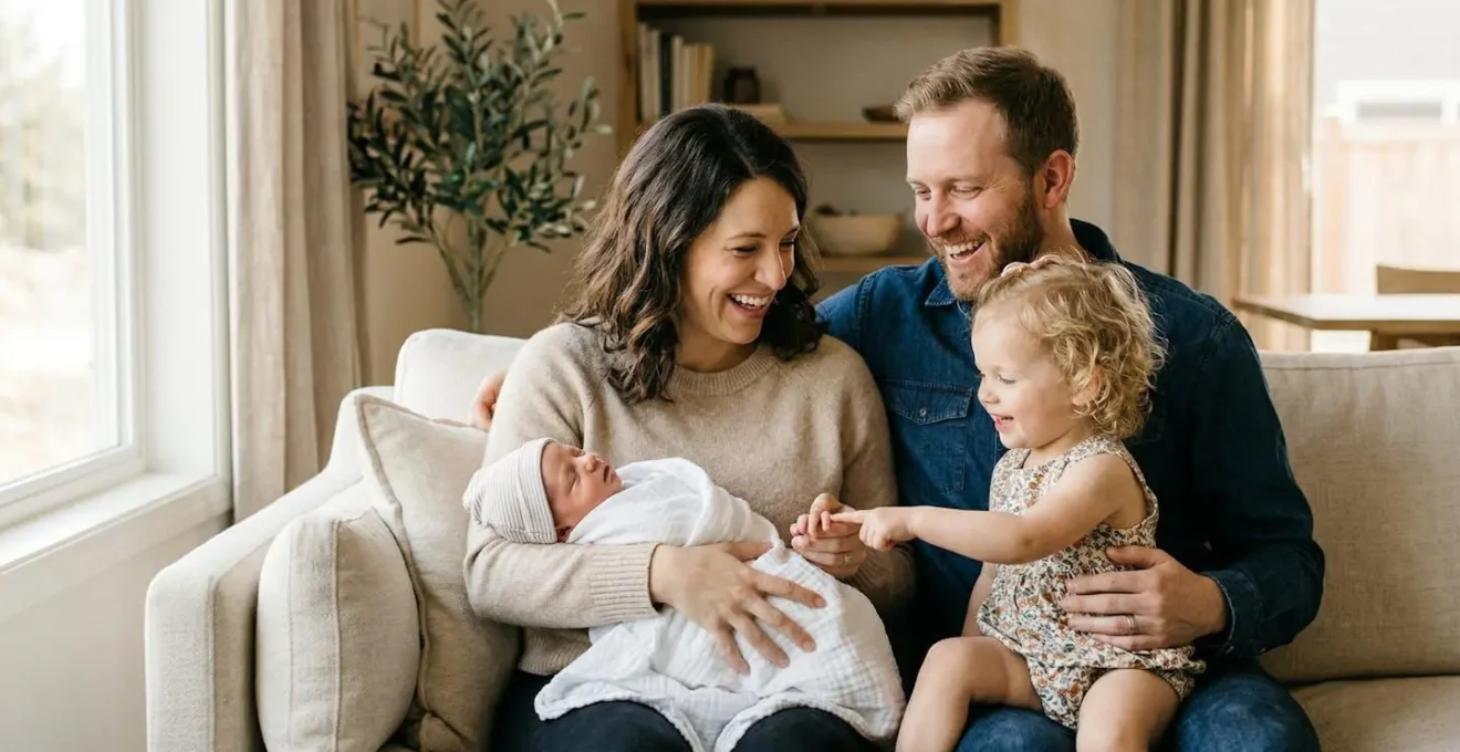 Famille souriante avec deux jeunes enfants dans un salon lumineux, échange de regards complices