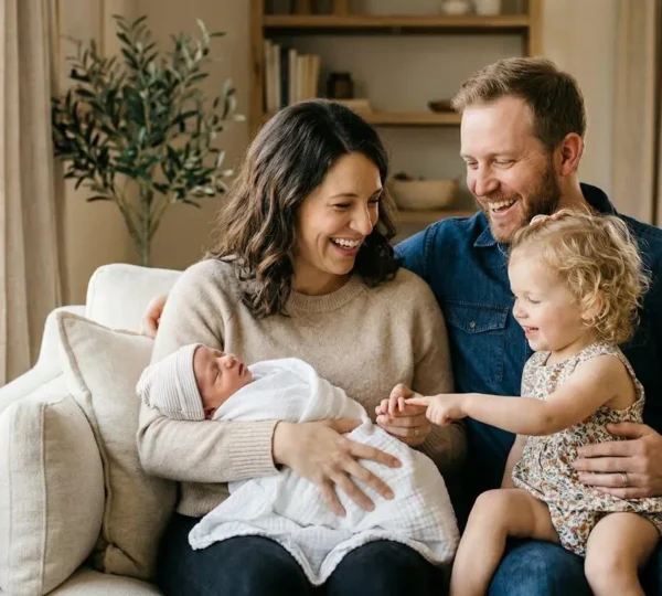 Famille souriante avec deux jeunes enfants dans un salon lumineux, échange de regards complices