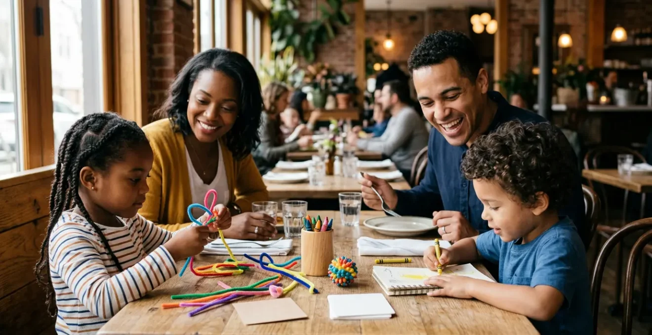 Une famille souriante au restaurant avec des enfants occupés par des activités manuelles créatives