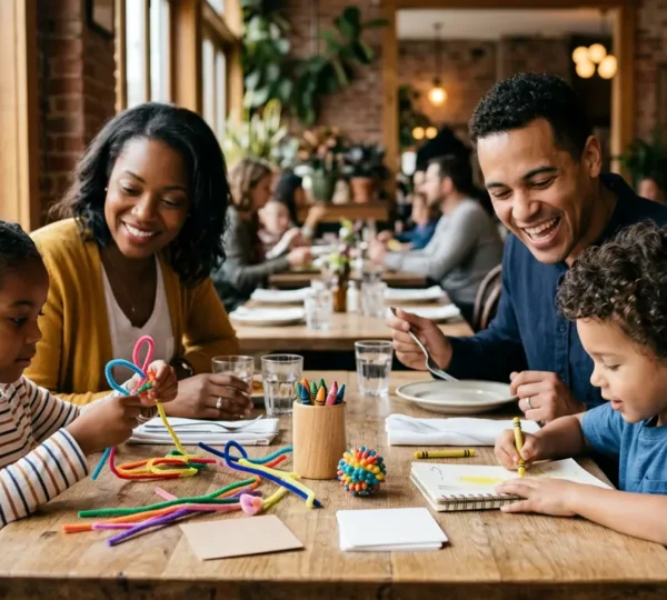 Une famille souriante au restaurant avec des enfants occupés par des activités manuelles créatives