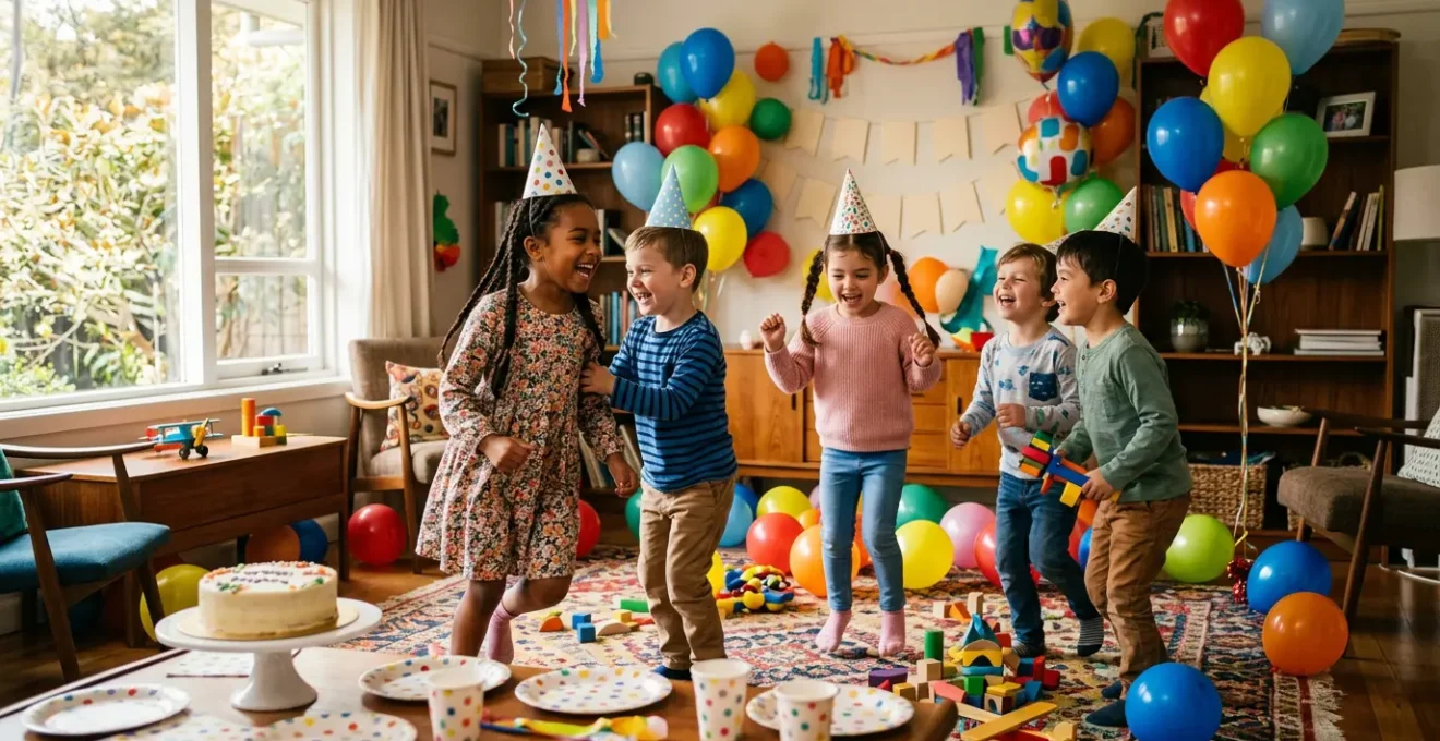 Fête d'anniversaire d'enfant à la maison avec décorations colorées et ambiance festive