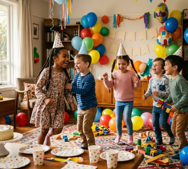 Fête d'anniversaire d'enfant à la maison avec décorations colorées et ambiance festive