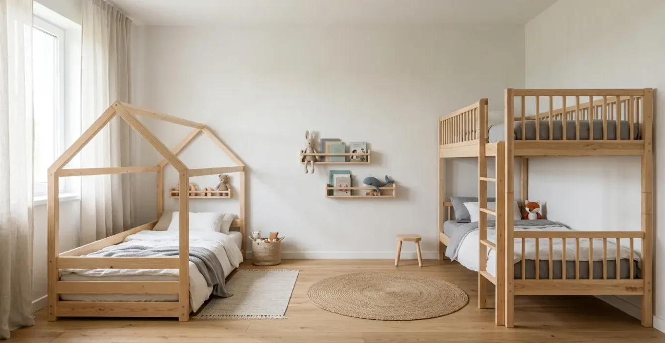 Chambre d'enfant avec un lit cabane en bois et un lit classique côte à côte