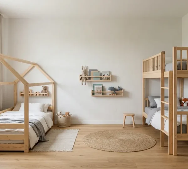 Chambre d'enfant avec un lit cabane en bois et un lit classique côte à côte