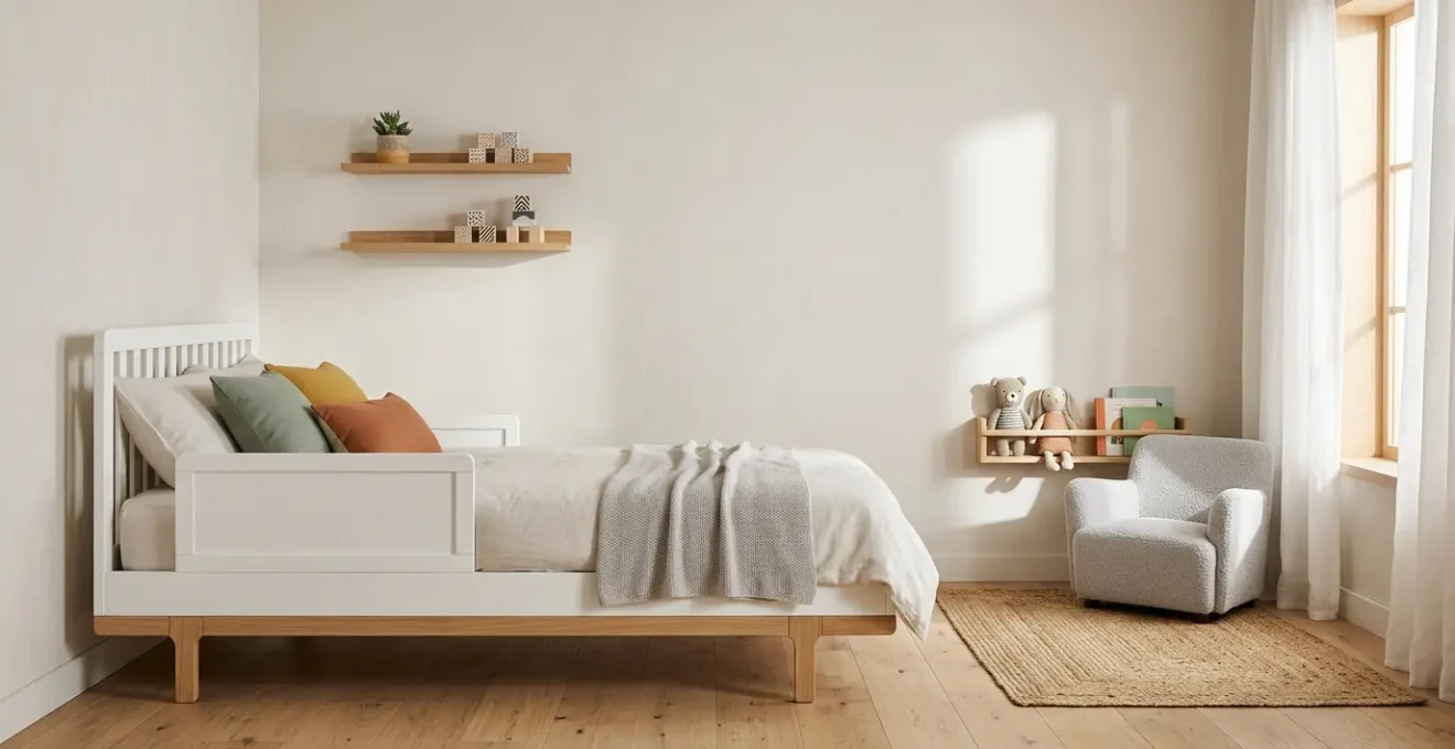 Chambre d'enfant évolutive avec lit transformable blanc et bois naturel dans un intérieur lumineux