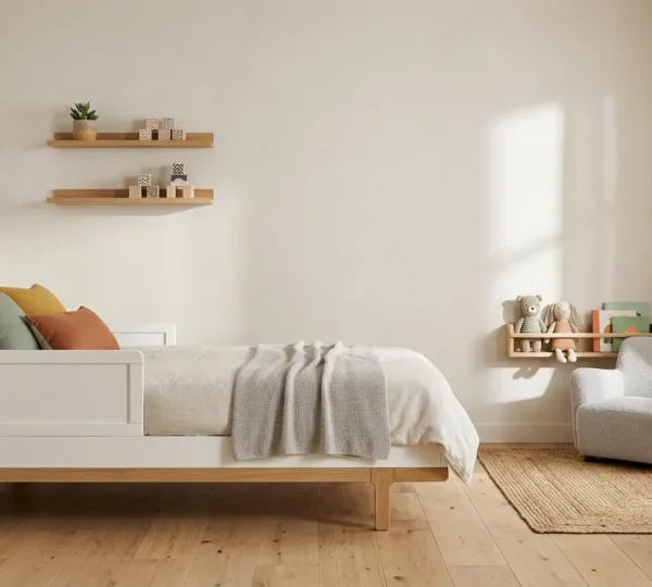 Chambre d'enfant évolutive avec lit transformable blanc et bois naturel dans un intérieur lumineux