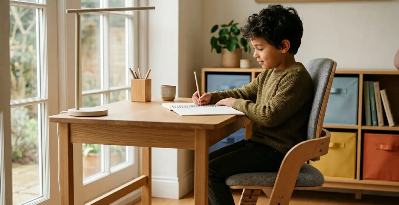 Bureau évolutif réglé à la bonne hauteur avec enfant assis correctement, pieds au sol, dos droit et coudes à angle droit