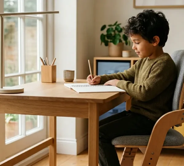Bureau évolutif réglé à la bonne hauteur avec enfant assis correctement, pieds au sol, dos droit et coudes à angle droit