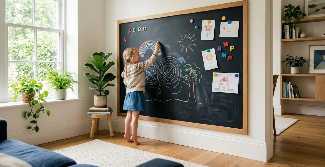 Enfant dessinant sur un mur tableau noir dans une maison lumineuse