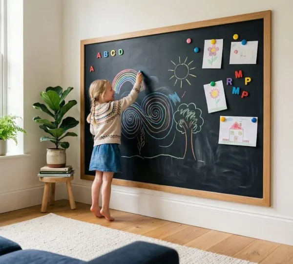 Enfant dessinant sur un mur tableau noir dans une maison lumineuse