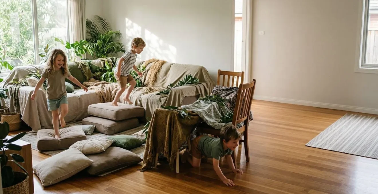 Enfants explorant un parcours d'aventure dans le salon transformé en jungle