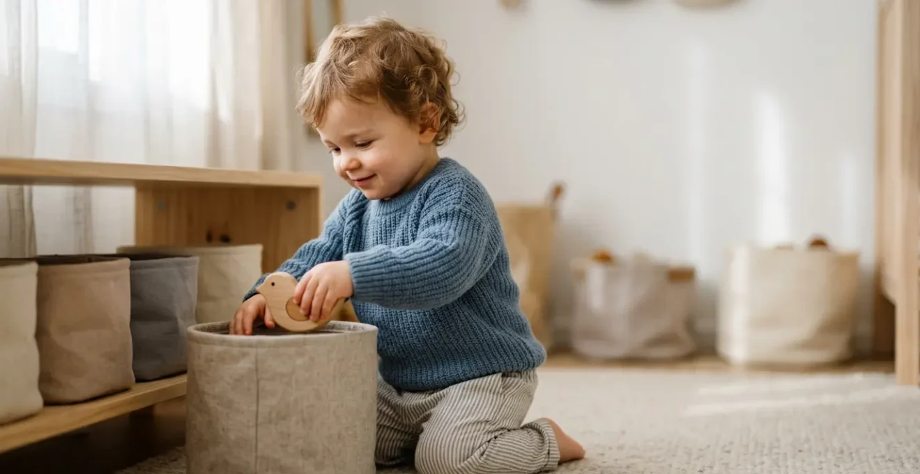 Enfant de 2 ans rangeant ses jouets dans des paniers souples colorés placés à sa hauteur