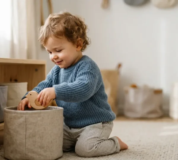 Enfant de 2 ans rangeant ses jouets dans des paniers souples colorés placés à sa hauteur