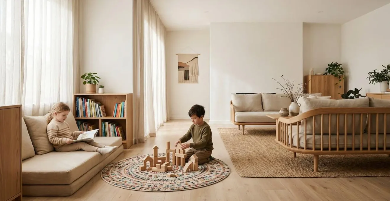 Salon lumineux aménagé selon les principes de la pédagogie positive avec des enfants jouant calmement dans des espaces définis