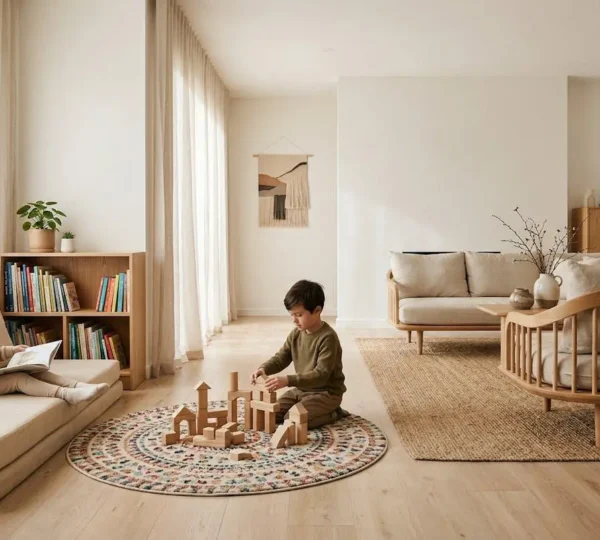 Salon lumineux aménagé selon les principes de la pédagogie positive avec des enfants jouant calmement dans des espaces définis