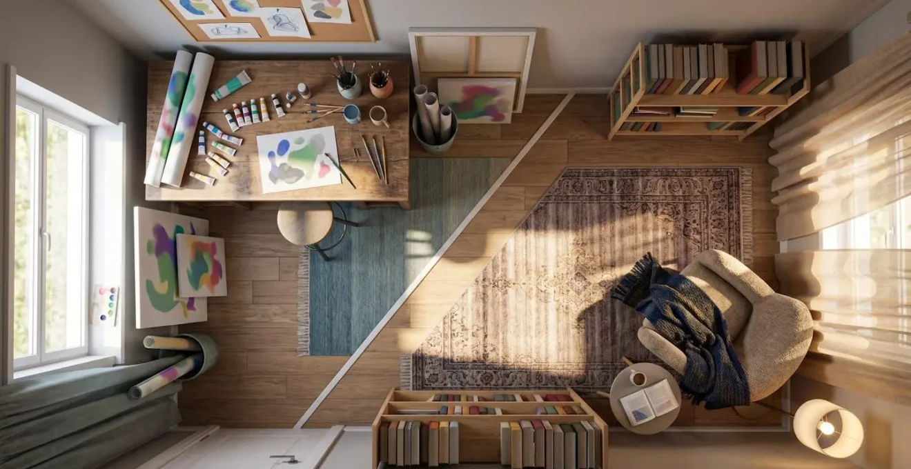 Vue aérienne d'une chambre montrant deux espaces personnalisés selon les besoins de chaque enfant