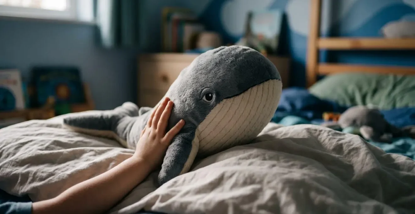 Peluche baleine douce sur lit d'enfant dans ambiance marine apaisante