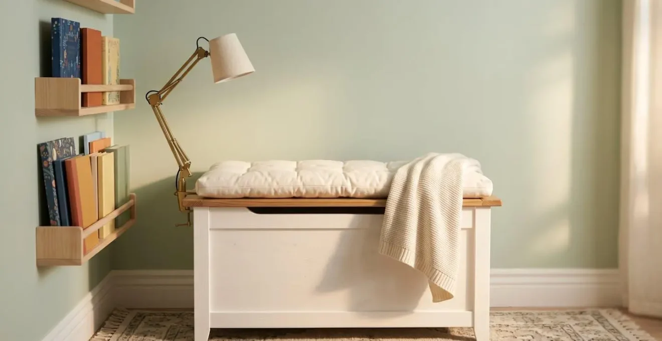 Coin lecture douillet avec coffre transformé en banc, coussin moelleux, étagères murales remplies de livres colorés
