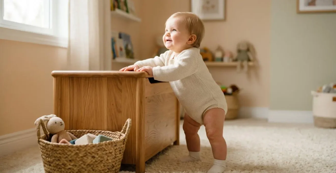 Bébé de 10 mois s'appuyant sur un coffre à jouets bas en bois naturel pour se mettre debout, panier souple en osier visible à côté
